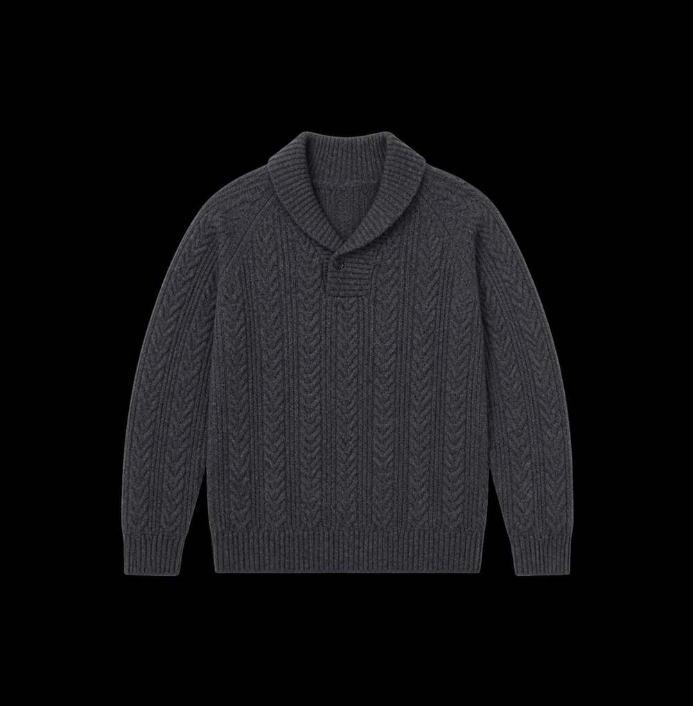 Barbour Men's Dark Gray 100% Wool Shawl Collar Cable Knit Sweater Size L